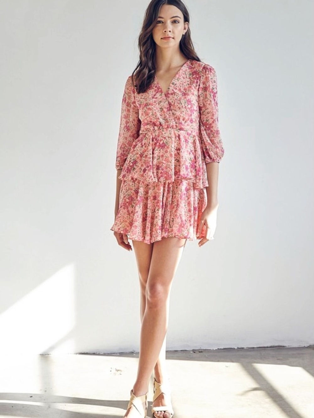DO+BE Pink Floral Ruffle Wrap Mini Dress Small Flaw